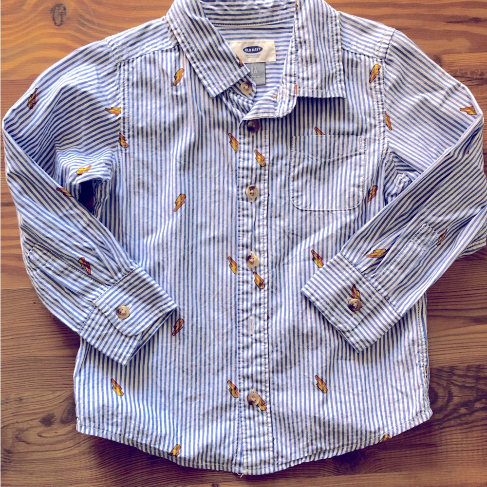 3/$15: 3T Old Navy Thunderbolt + Blue & White Stripe Long Sleeve Dress Shirt